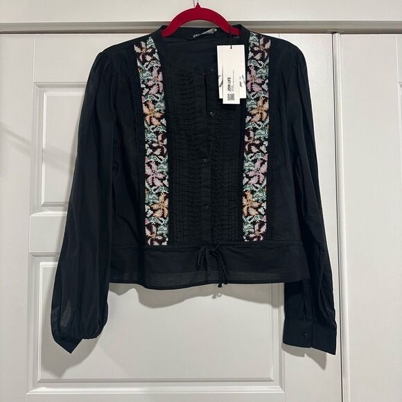 Zara black contrast embroidered pin tuck top NWT - Picture 8 of 8